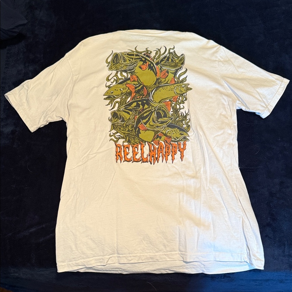 White Reel Happy Fishing Co Tee with Fish Design